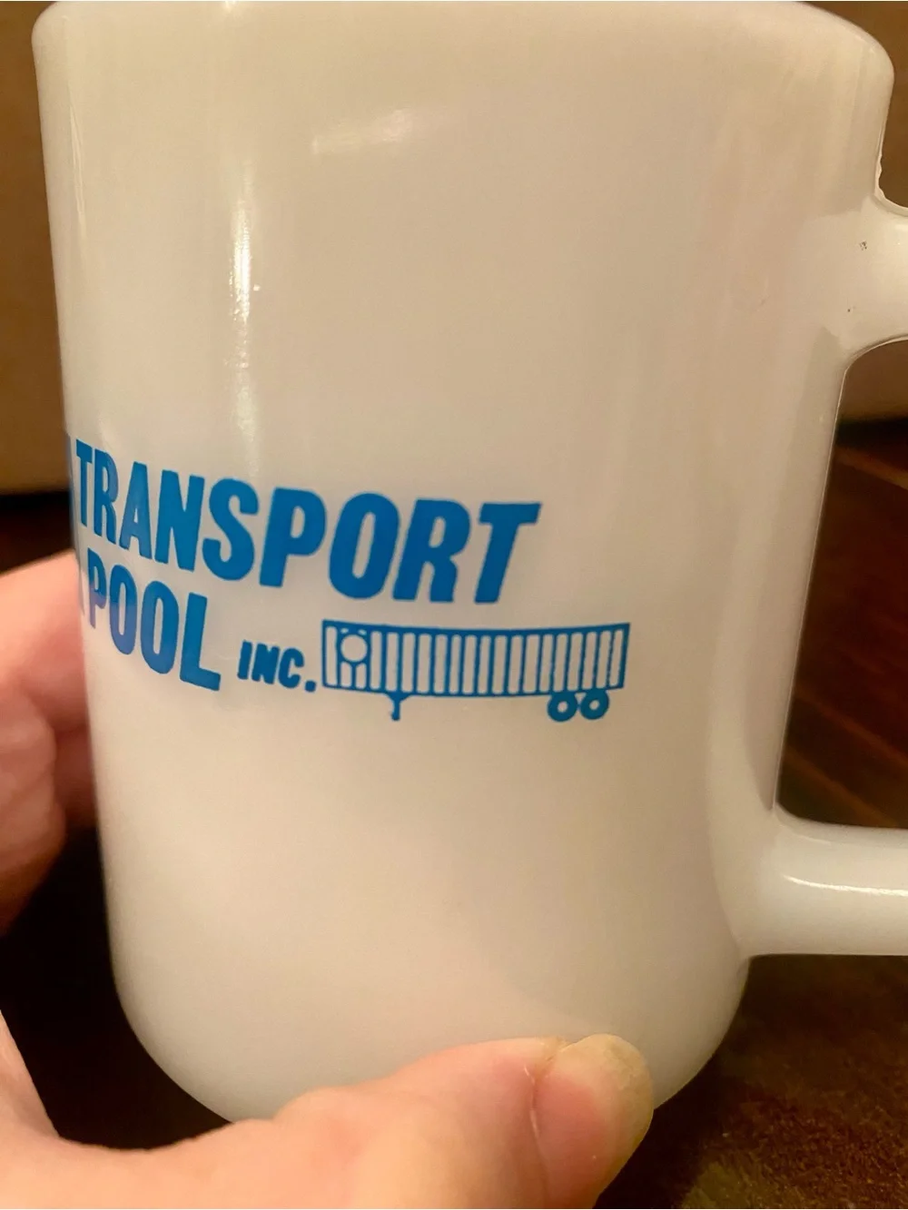 Vintage 1970s Milk Glass Mug Transport Pool Inc. Advertisement 10 oz